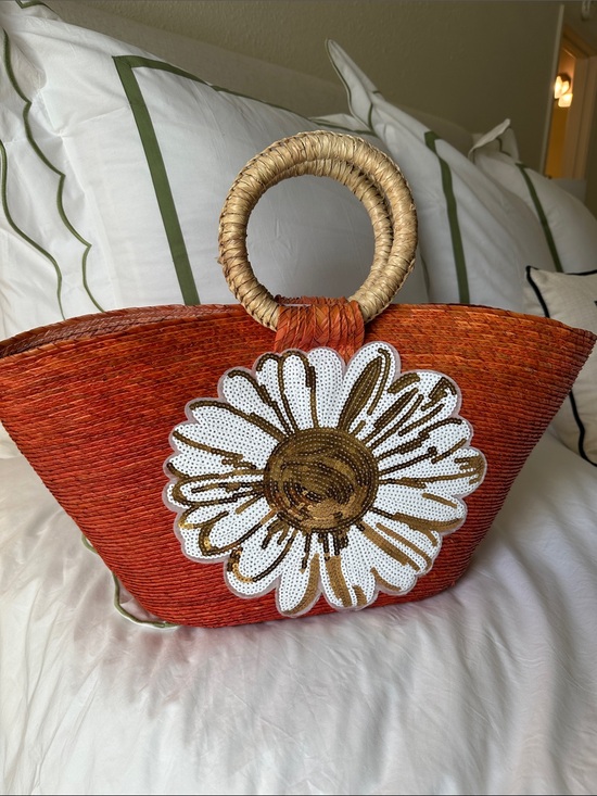 Handbags - Orange Straw Tote with Daisy Applique
